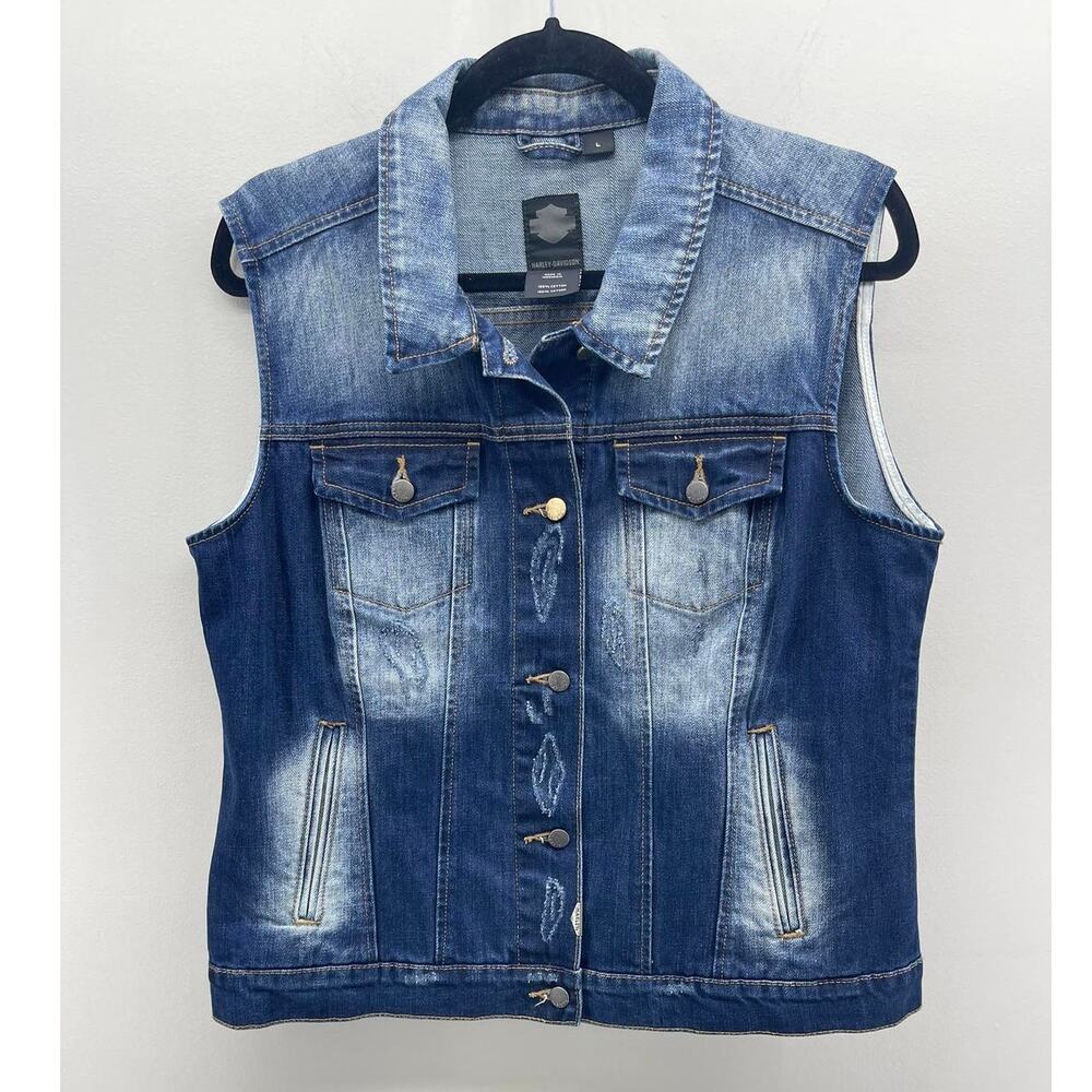 Harley Davidson Dark Distressed‎ Denim Button Down Fitted Biker Vest